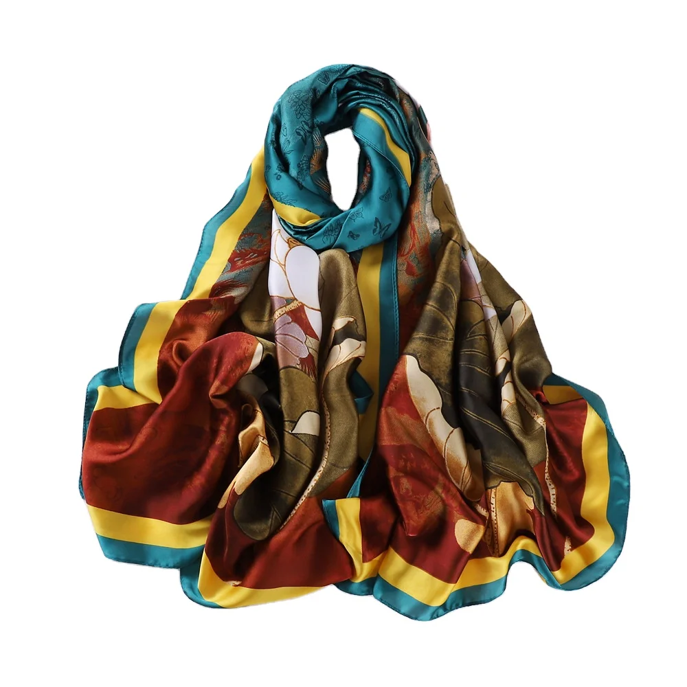New Long Silk Lady Kashkha Scarf Dubai Of  Printing Sunscreen Gauze Satin Long Towel Printing Custom Scarf