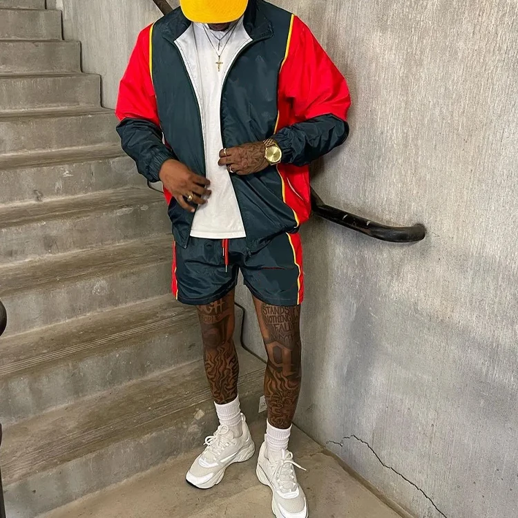 Wholesale Manufacturer Custom Embroider  Mens Set Zip Up Polyester Nylon Two Piece Windbreaker Short set Men Sweatsuit Tracksuit