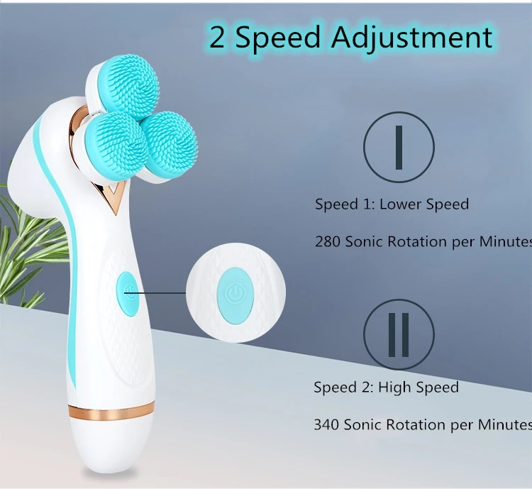 3 in1 Sonic facial Cleansing brush Battery Powered 3 Wheels Rotating head Waterproof pore cleaning Spa massager CNAIER AE-878