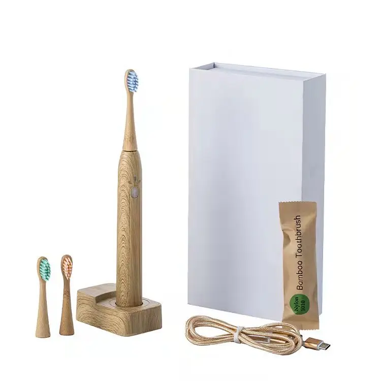 Перезаряжаемая беспроводная звуковая электрическая зубная щетка бамбуковая сменная 3 головки щетки с щетиной касторового масла 5