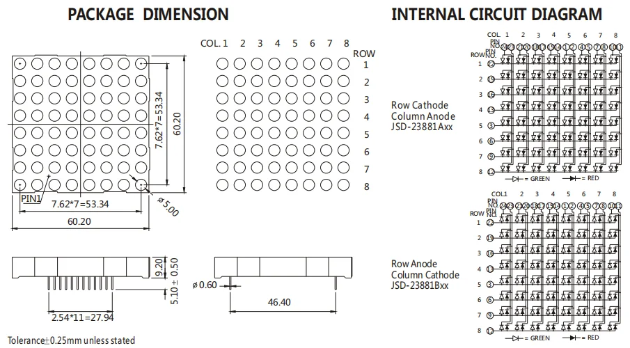 60.2*60.2mm Size 2.3 inch 23881 Bi-Color 5mm big 8x8 Dot Matrix Module LED Display