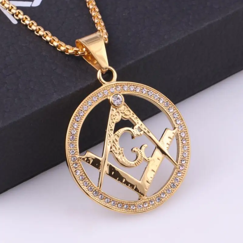 2020 Hip hop jewelry full rhinestones Masonic charm necklace wholesale gold chain necklace for man