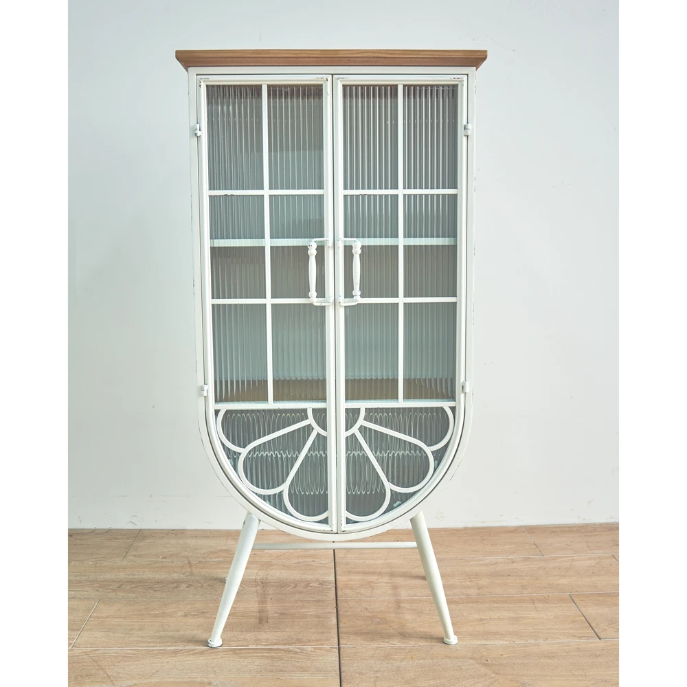INNOVA New arrivals france rustic large arched white glass door wood top iron metal storage cabinet with legs