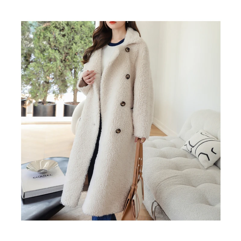 Winter Ladies Women Beige Long Elegant Plush Sheep Shearing Wool Fur Coat New Arrival
