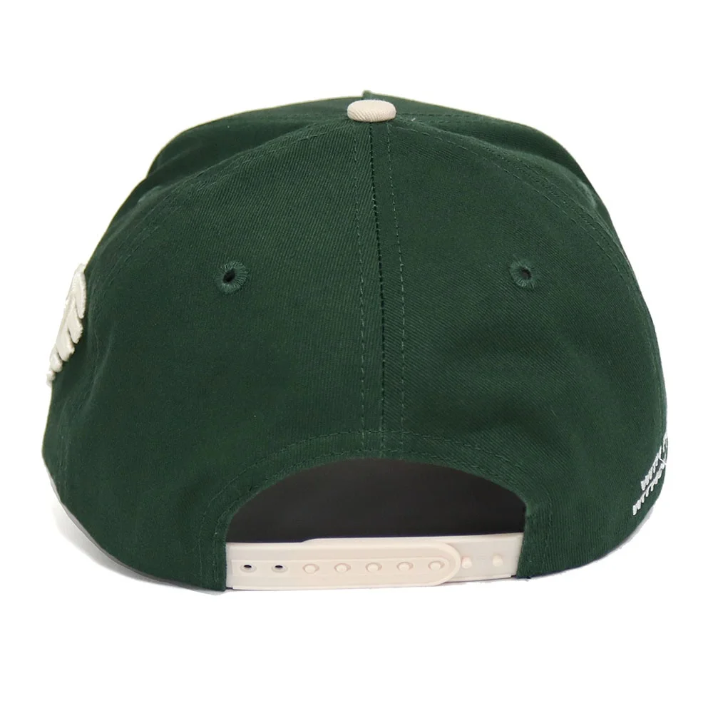 factory  two Tone hat forest green and beige customize 3D embroidery side back flat embroidery snapback curved brim hat