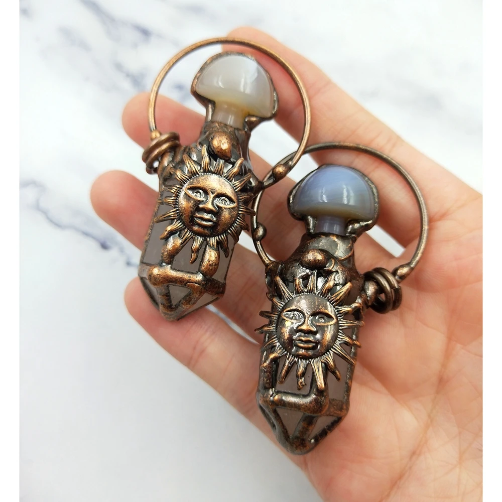 Wholesale Natural Crystal Bullet Point Shape  Pendant Pink Rose Quartz Connector Bronze Sun Charms DIY Winter Season Necklace