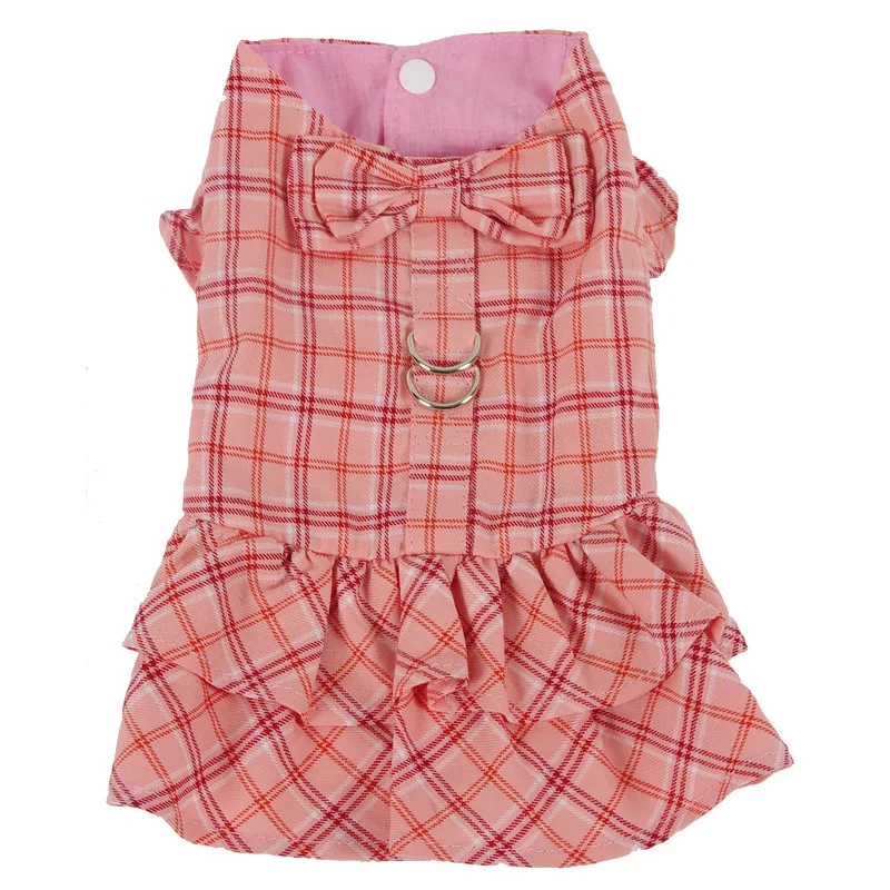 Factory wholesale custom LOGO and package bowknot button plaid pattern o-neck pet dog dress with D-ring and leash