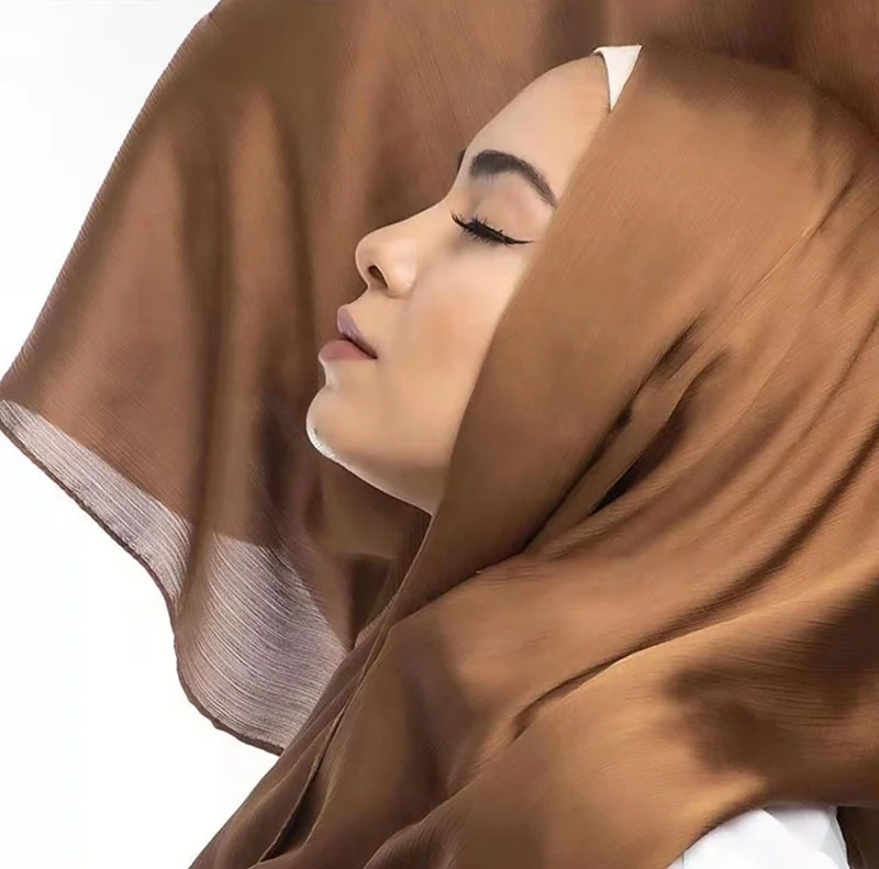 New Collection Popular Plain Shimmer Luxury Satin Shawls And Scarves Small Crinkle Pleated Satin Crepe Chiffon Hijab