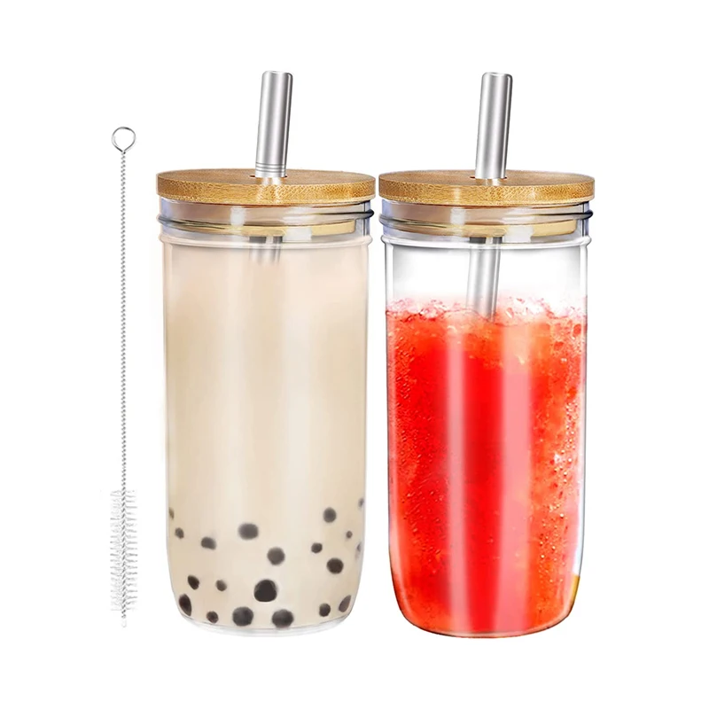 20 oz Reusable Wide Mouth Glass Smoothie Iced Coffee Mason Jar Boba Cups with Bamboo Lid and Straws for Party Travel