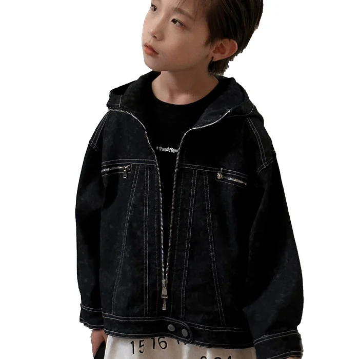 2024 Latest Toddler Children Clothes Black Stylish Coats Kids Hooded Denim Jackets for Boys Girls