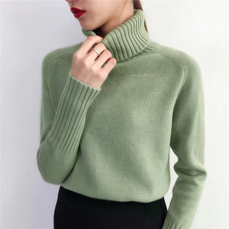 Thick Cashmere Knitted Sweater Women 2021 Autumn Winter Korean Turtleneck Long Sleeve Pullover Female Jumper Green Knitwear