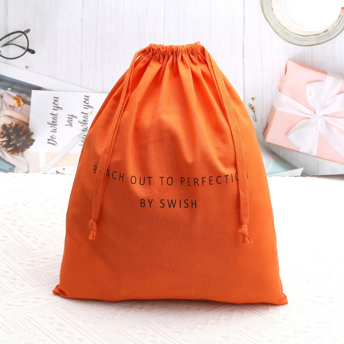 Custom Size Organic Orange Cotton Drawstring Dust Bag For Shoe Christmas Gift Logo Printed Cotton Linen Pouch Shopping Bag