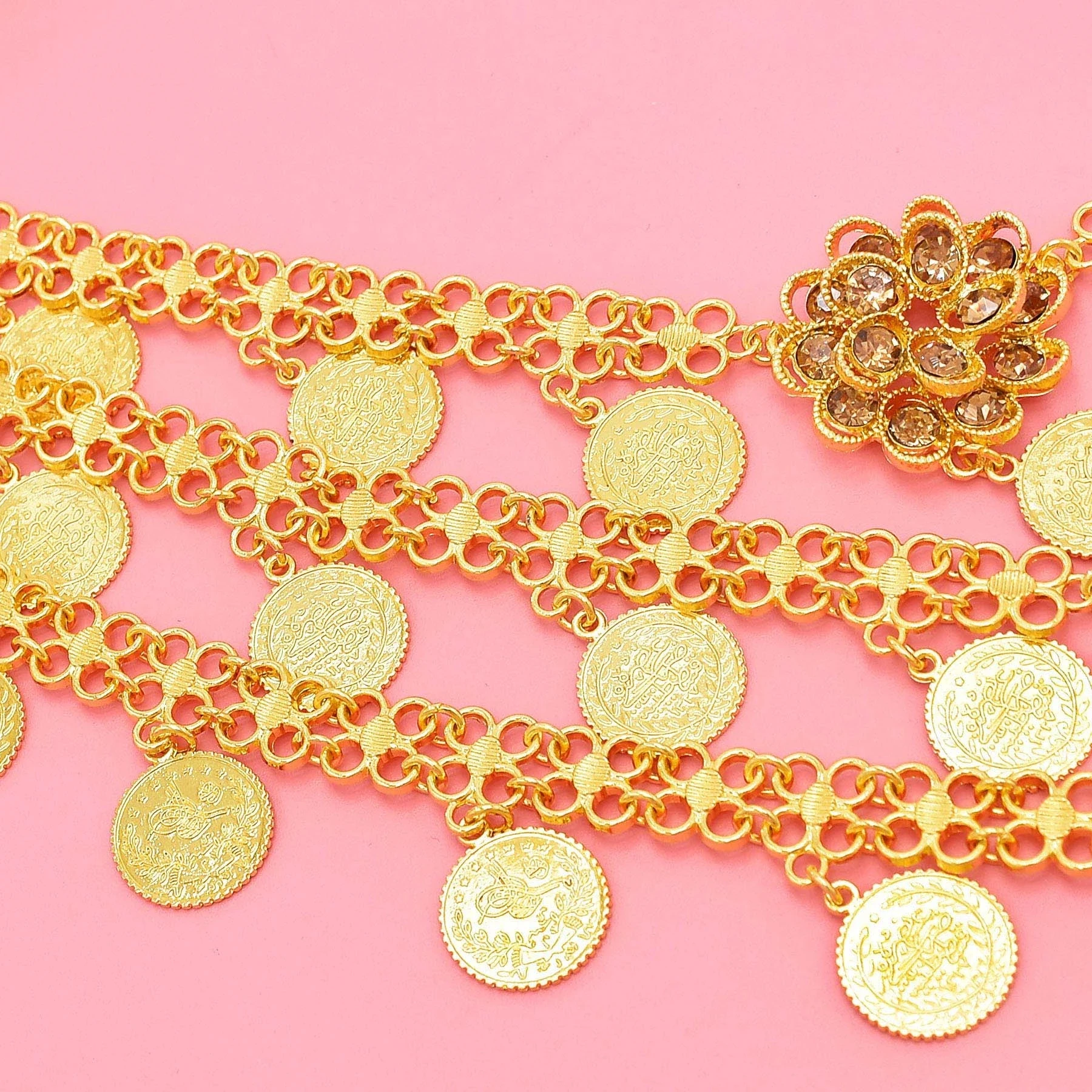 3-Layer Gold Coin Tassel Crystal Flower Waist Chain Necklace Accessories Brooches