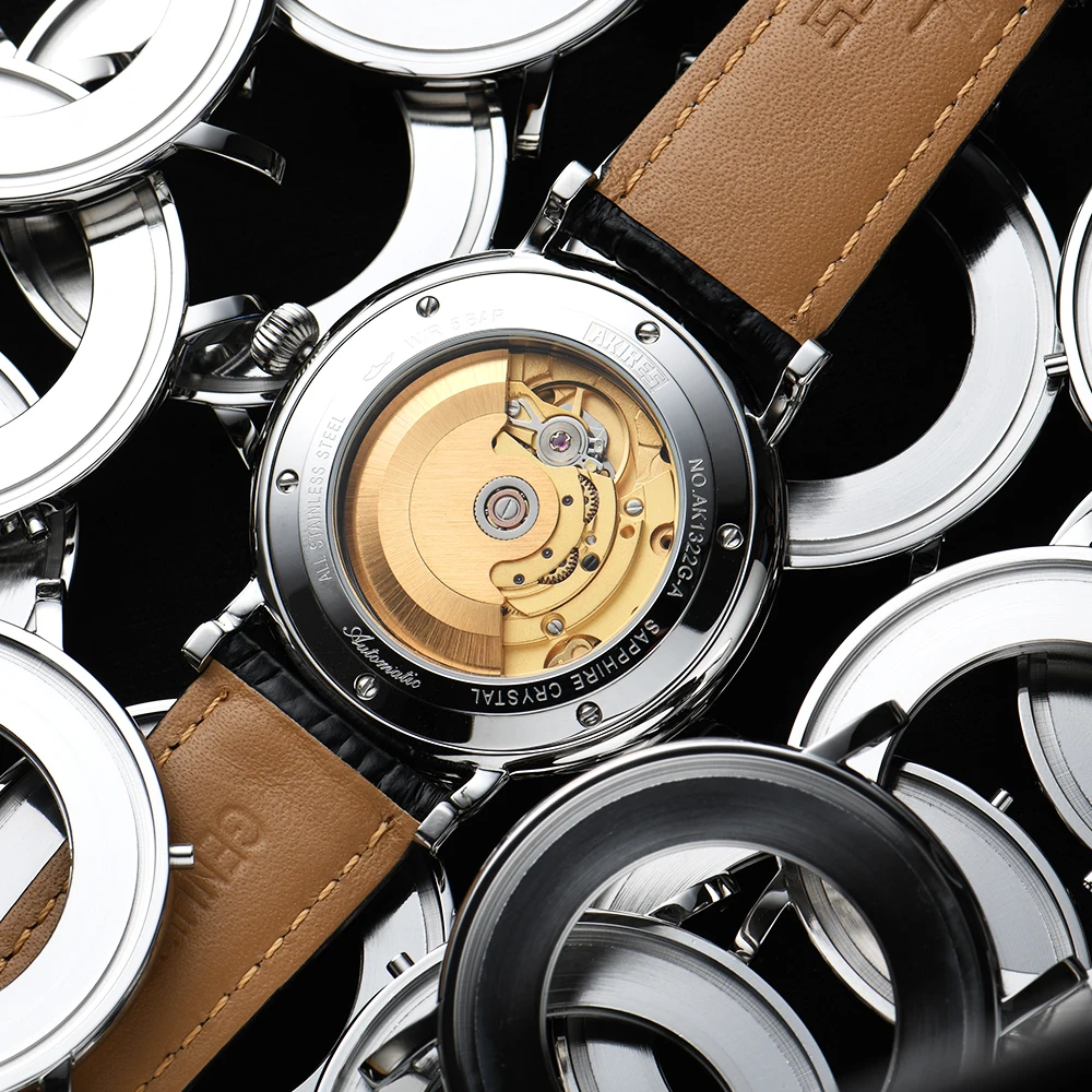 Akires Stainless Steel Vintage Mechanical Watch Domed Sapphire Crystal Genuine Leather Automatic Retro Mechanical Wrist Watch