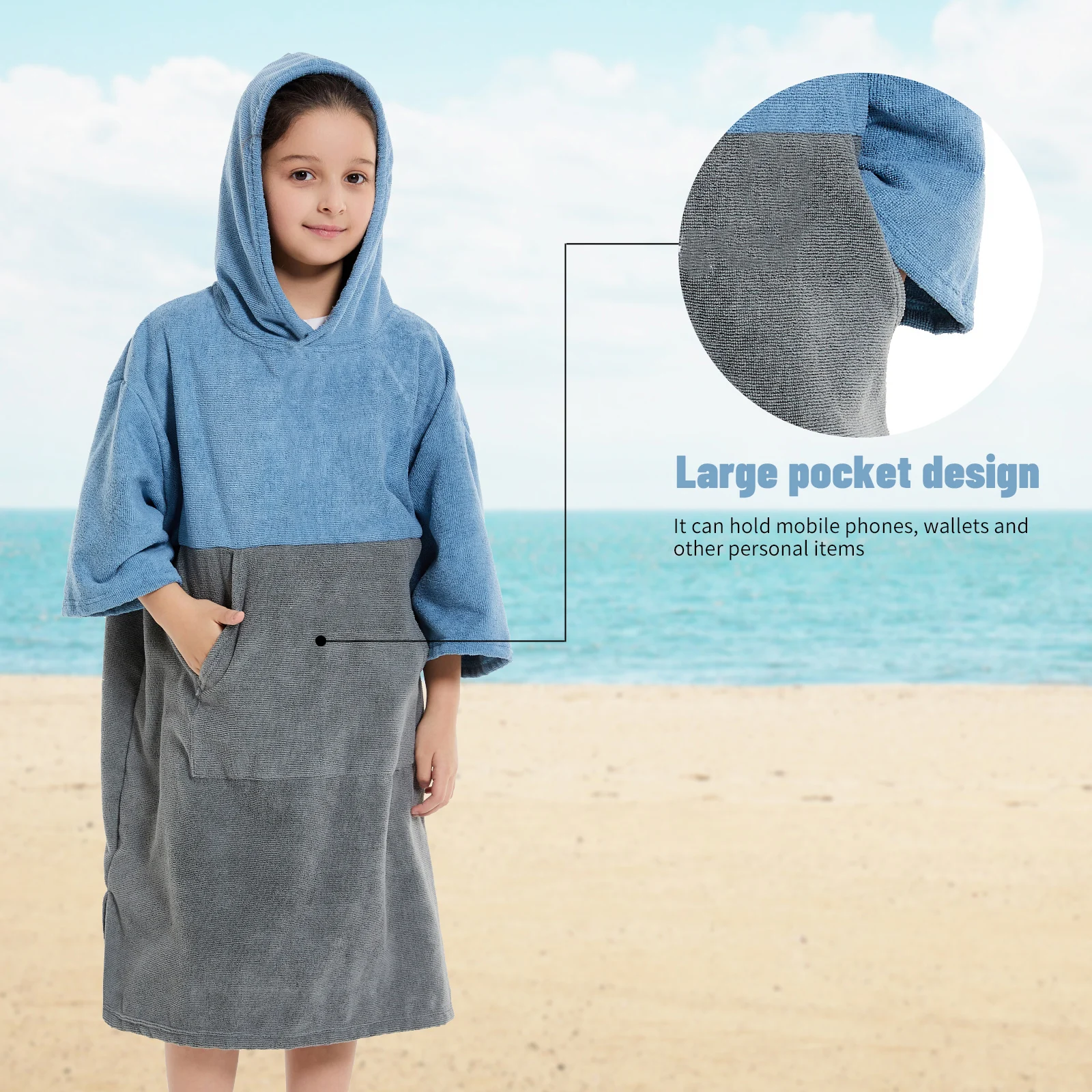 Towel Robe Chidren Microfiber Changing Robe with Hoodie and Large Front Pocket for Surfing and Outdoor Activities