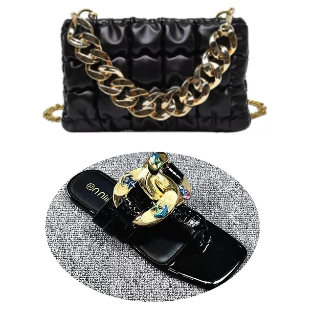 SD-2022 Luxury Glitter diamond beaded Metal buckle open toe leather slipper with shoulder bag set lady purse sandals outfits