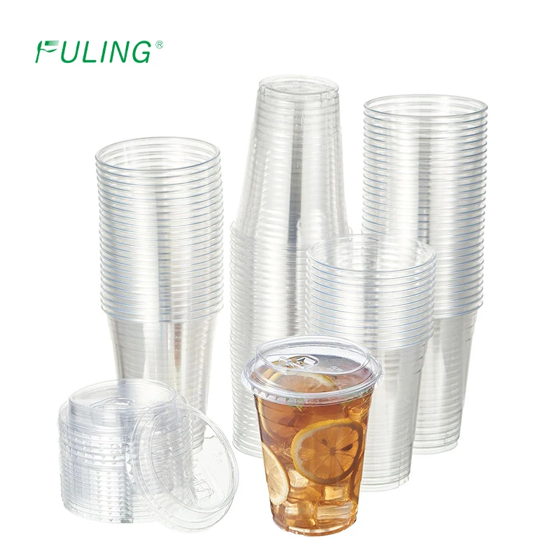 FULING 16oz 98mm clear pet plastic cup strawless sip lid disposable beverage cup for to go drink