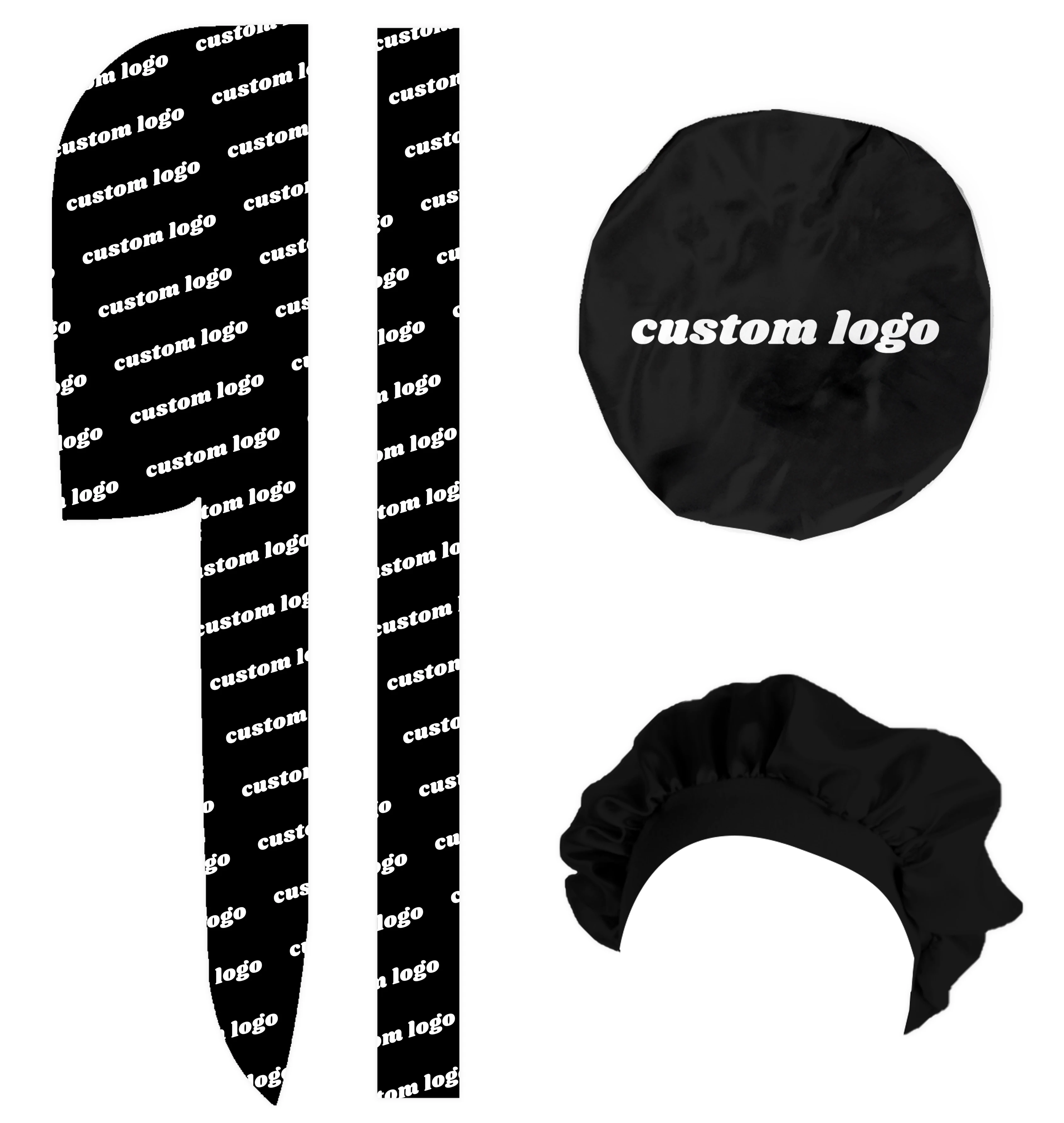 
Wholesale Fast Delivery Custom Logo Satin Silk Silky Hair Designer Durags/Bonnet/Headband Set 