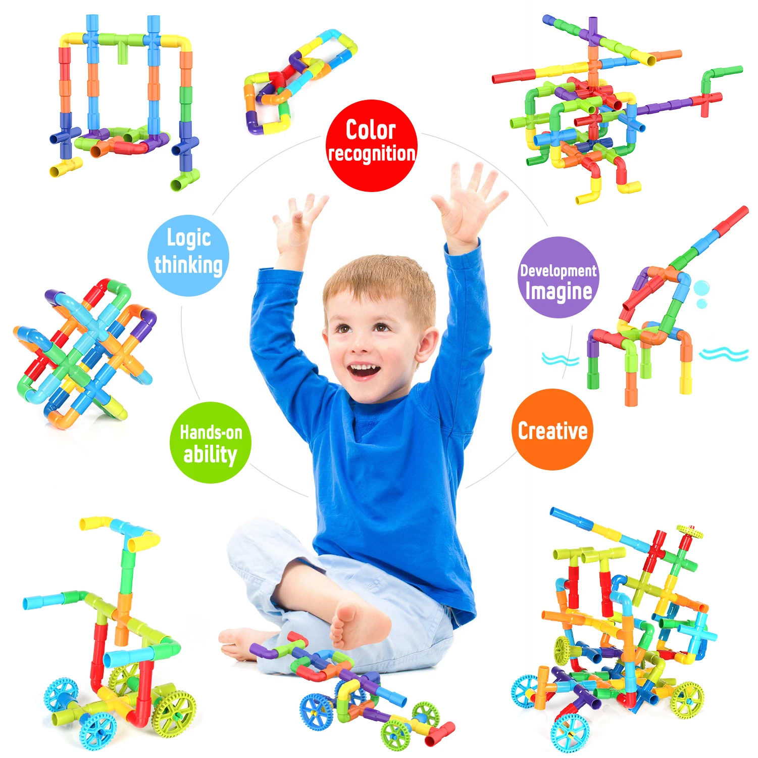 Exercise N Play STEM Pipe Tube Locks Building Block Toys, Creative  Construction Set with Wheels Baseplate for Preschool Toys