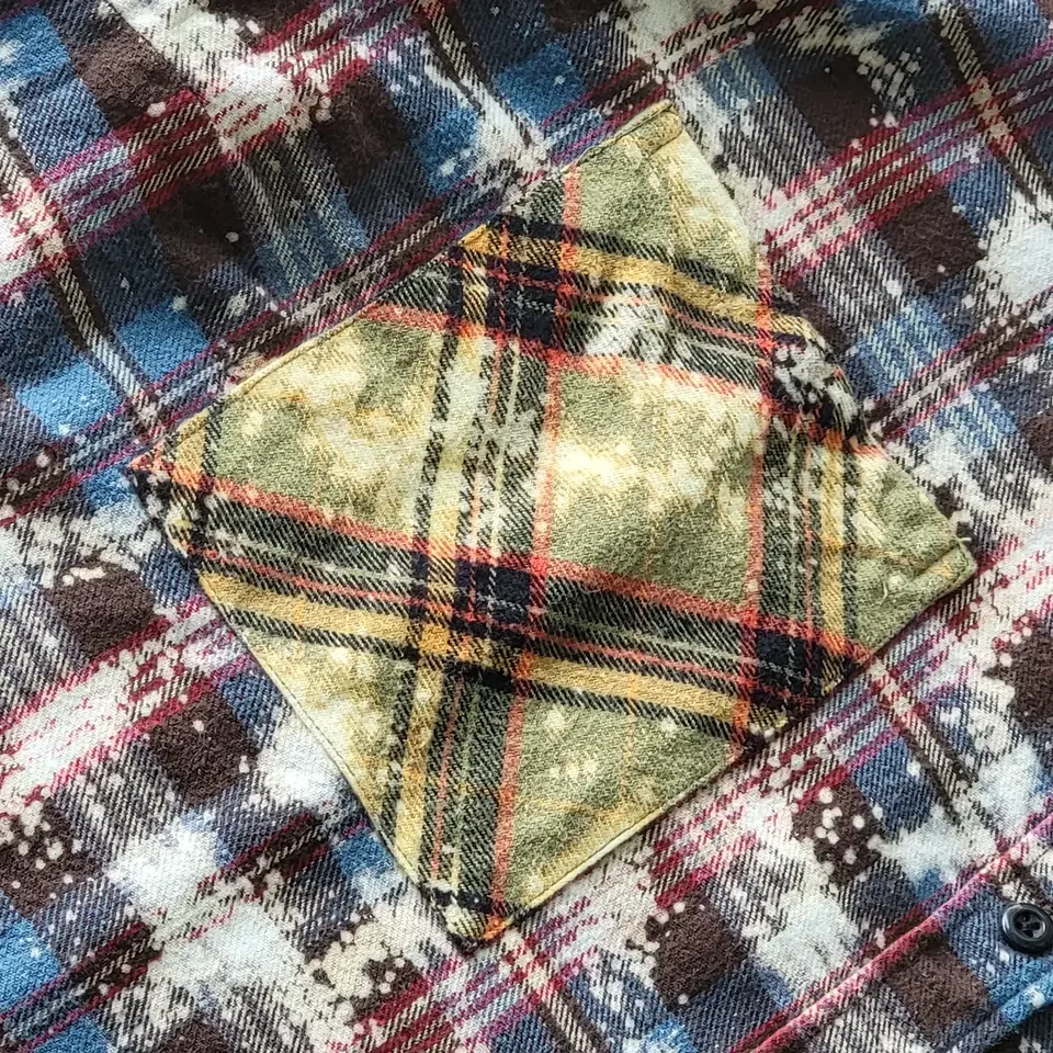 best men casual hip hop plaids long type custom logo embroidery distressed bleach flannel shirt