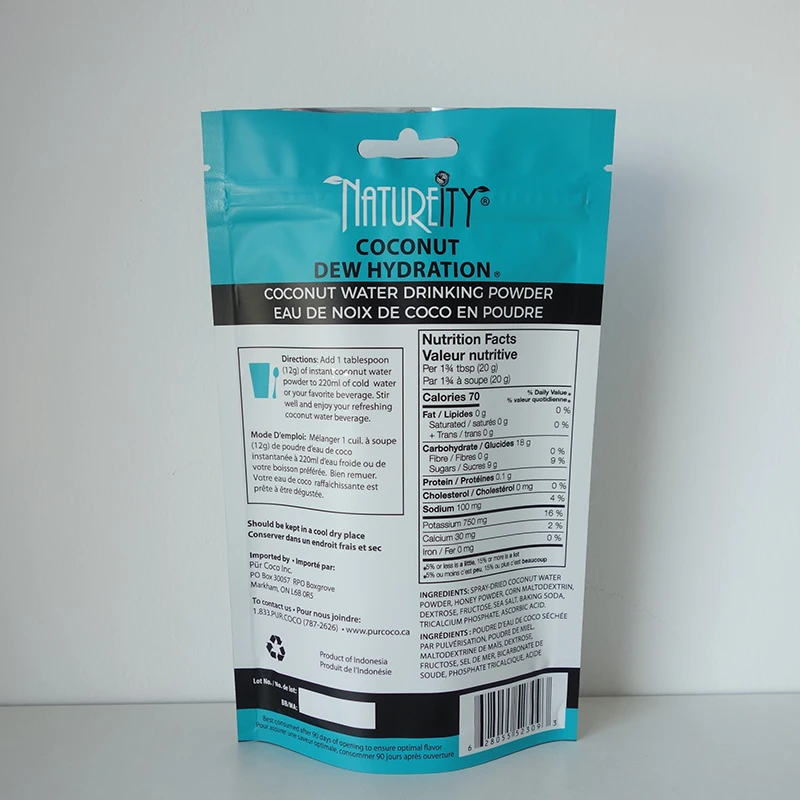 Пакеты для упаковки пищевых продуктов на заказ пластиковые перезаряжаемые с застежкой-молнией кокосовый порошок стоячий мешочек