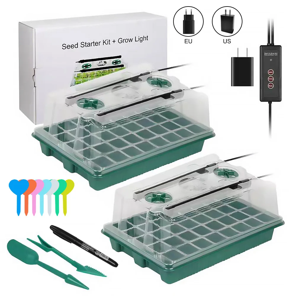 BAVA 2 Packs 80 Cells Germination Kit High Dome Seed Nursery Starter Tray Kit Plant Grow Light Bar with Garden Tools Labels