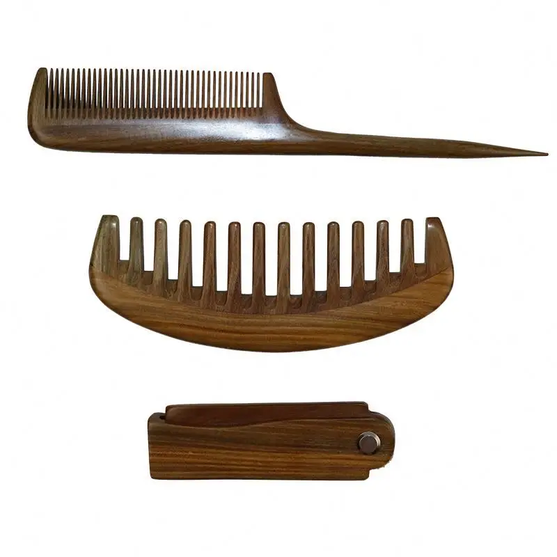 Hot Sale Eco-friendly Natural Folding Long Handle for Man Beard Rat Tail Wide Tooth Parting Green Sandalwood Hair Comb Set