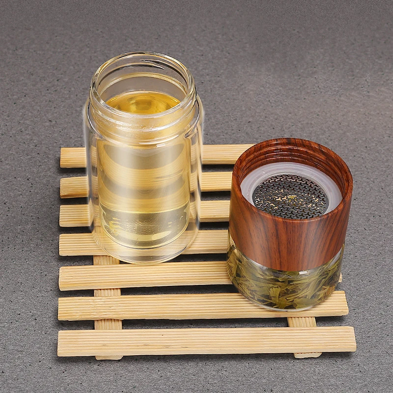 FX Factory Custom Logo Printing 330ml Double Wall Tea Glass Bottle With Stainless Steel Filter Tea Maker