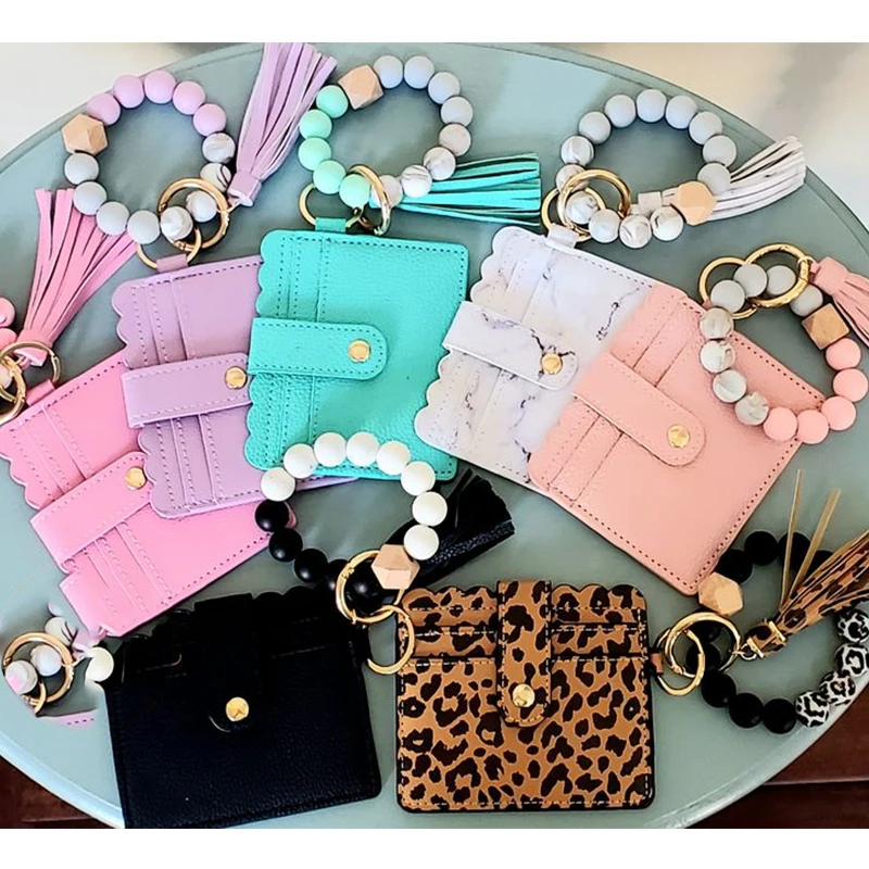2024 Silicone Bow Beads Tassel Bracelet Wristlet Bangle Keychain With Card Holder Gift Wallet Purse Pocket Credit Card Holder