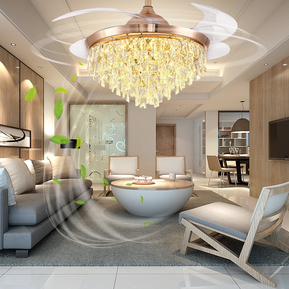 Ceiling fan with light 42 Inches Gold Modern Room Series LED Fancy Crystal Fan With Transparent Clear