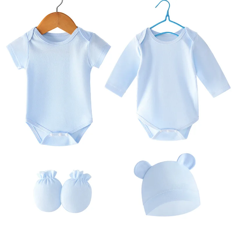 Wholesale Newborn   0-6M  Short/Long Sleeved Rompers+Infant Gloves+Toddler Caps Solid Colored Clothes  4pcs Sets for Baby