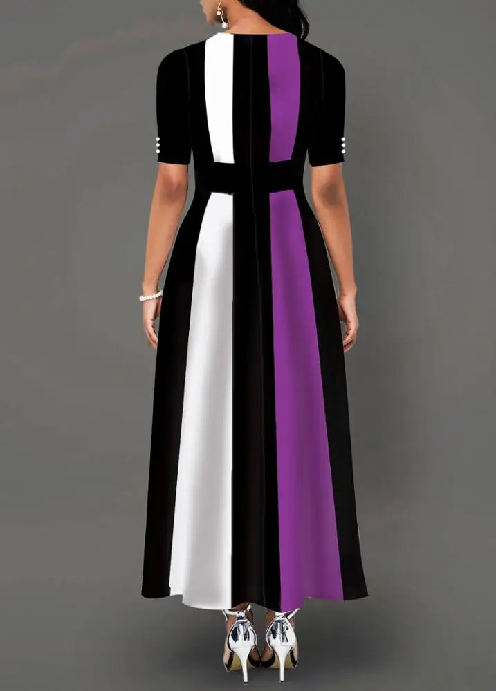 
Wholesale high collar satin long color contrast casual dress women 