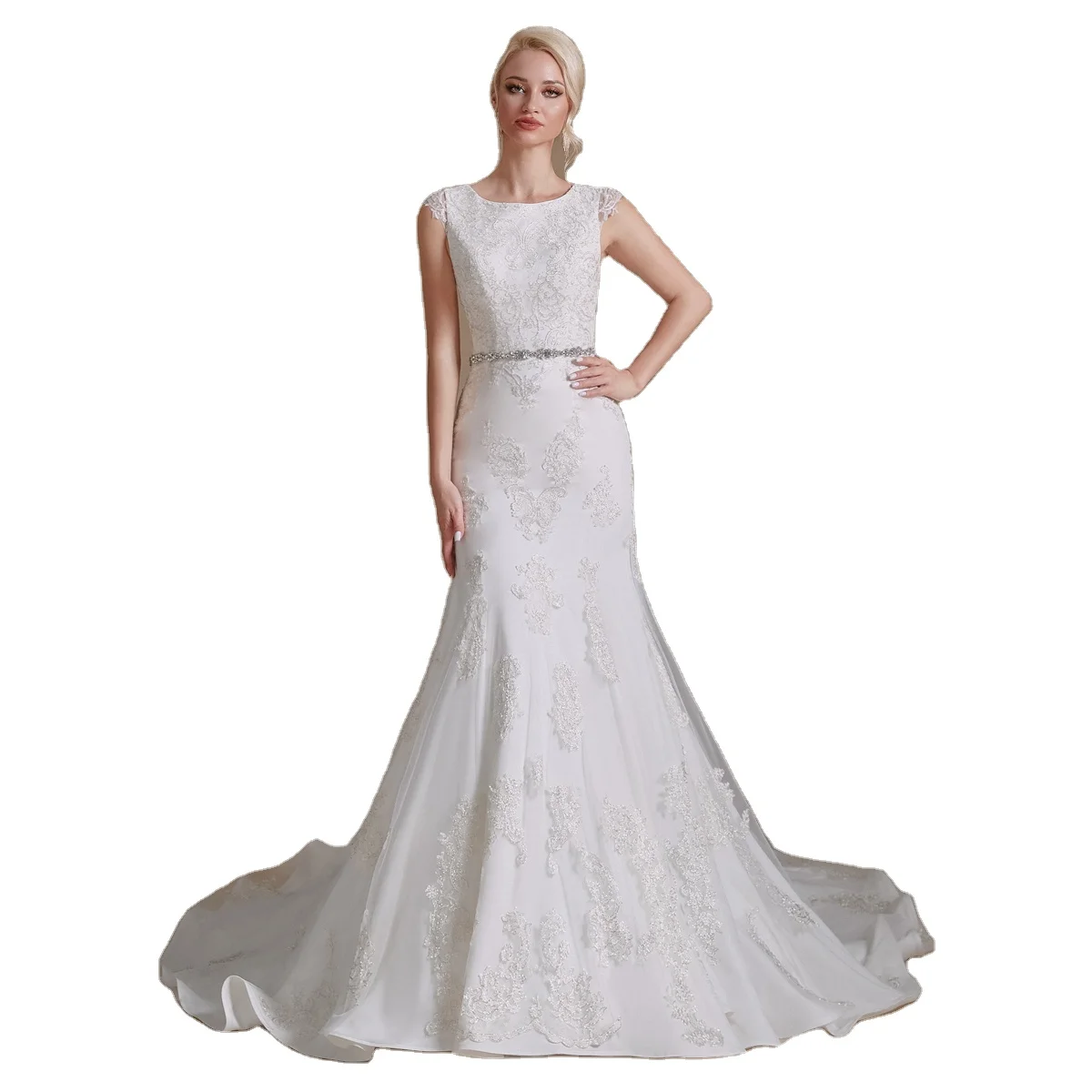 2022 Ivory High Neck Cap Sleeves Mermaid Short Tail Silver Lace Shiny Backless Lace Bridal Gowns For Women