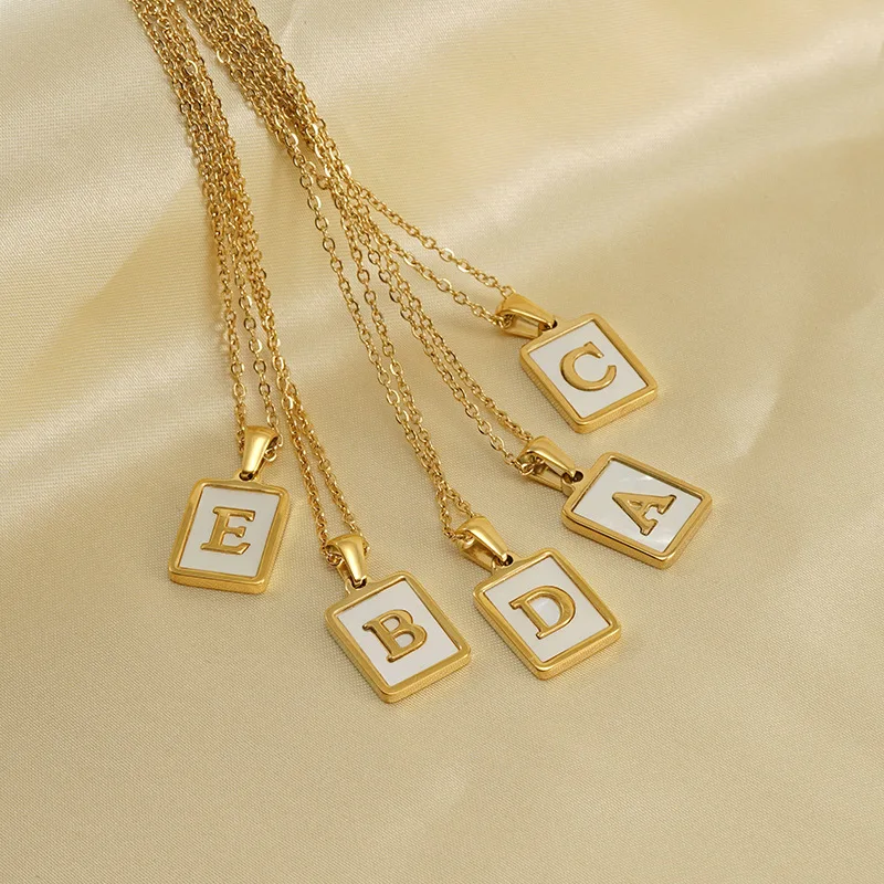 New 18K Gold Stainless Steel A-Z Initial Letter Necklace Alphabet Rectangle Natural Shell Initial Pendant Necklace For Women