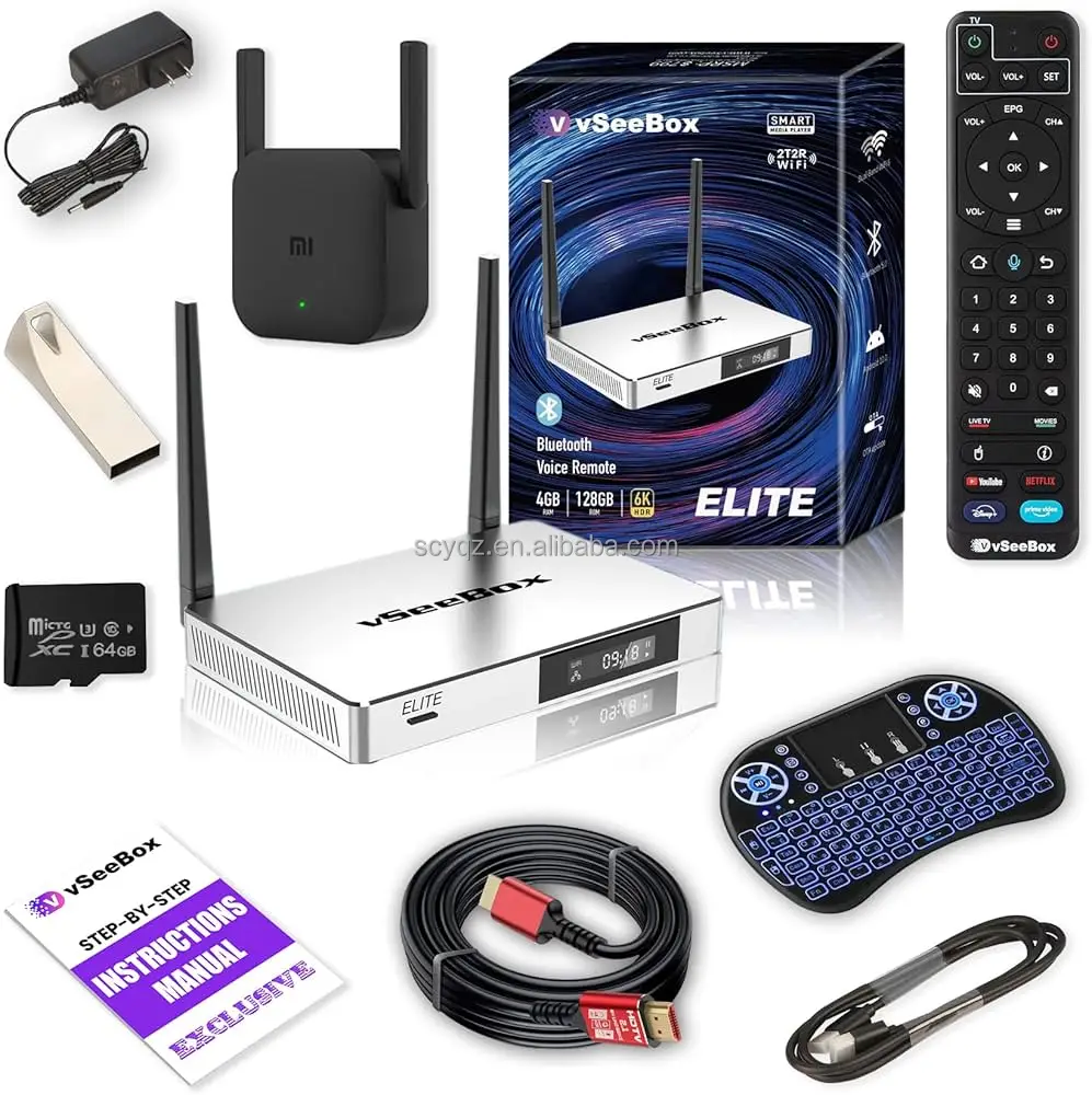 VSeeBox V3 Pro 2024 Android V4 TV Box с голосовым пультом дистанционного управления мини-клавиатурой подсветкой и кабелем 8K (4 ГБ оперативной памяти + 32 ROM)