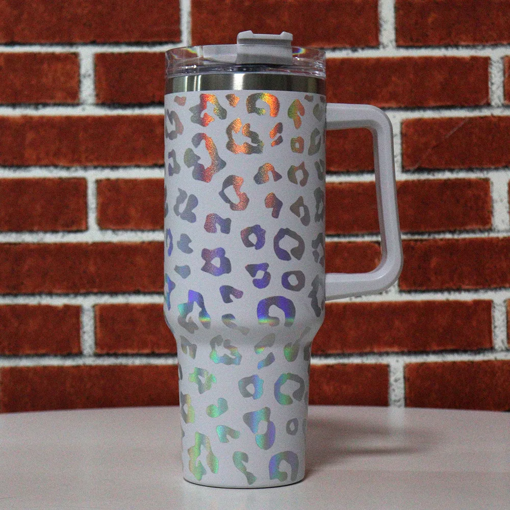 New High Capacity Laser Leopard print with handle 40OZ Double Layer Insulation Rainbow Car Cup with Straw