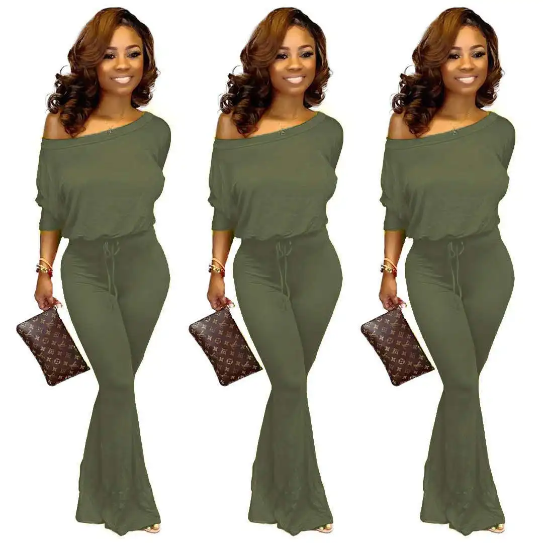 
2020 spring and summer new fashion casual pure color bat sleeve slim jumpsuit woman 