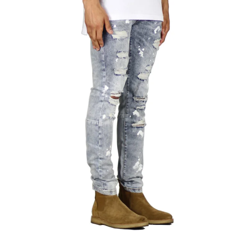 New Men Slim fit Slim pencil pants High elasticity Biker jeans Hole Cat claw destroyed Spray paint Leisure trousers