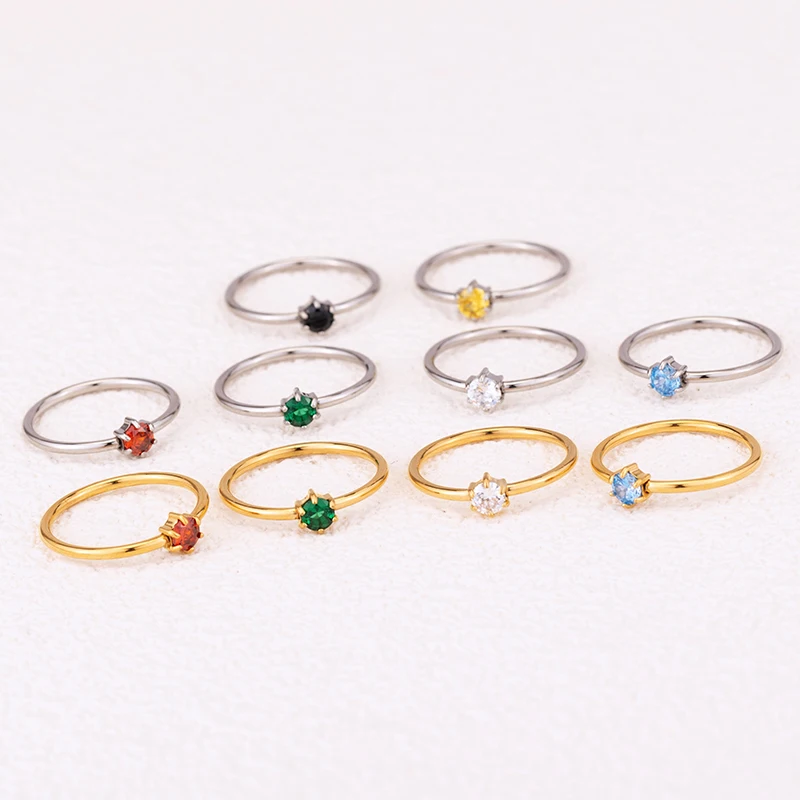 Women Engagement Fashion Stainless Steel Jewelry Rings 18K Gold Plated Six Claws Round Colorful Zircon Wedding Ring For Women