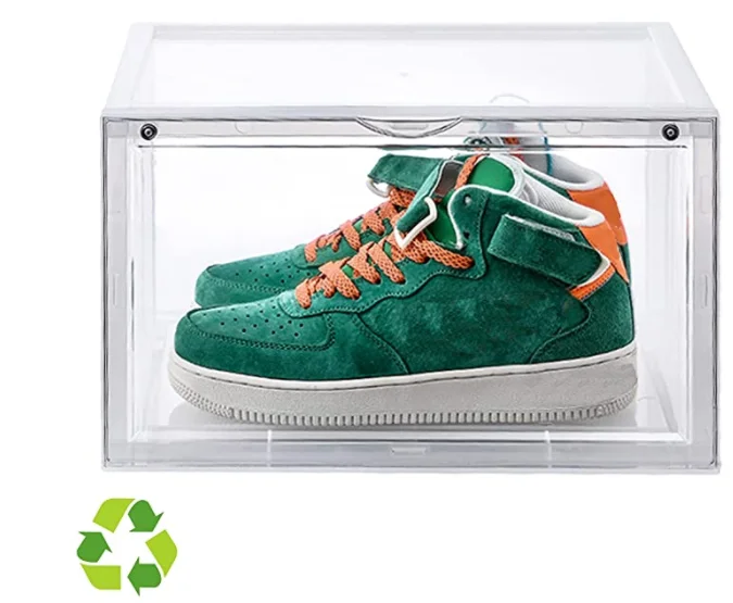 Langel uses custom badges for customization  stackable transparent acrylic storage for Nike shoe boxes
