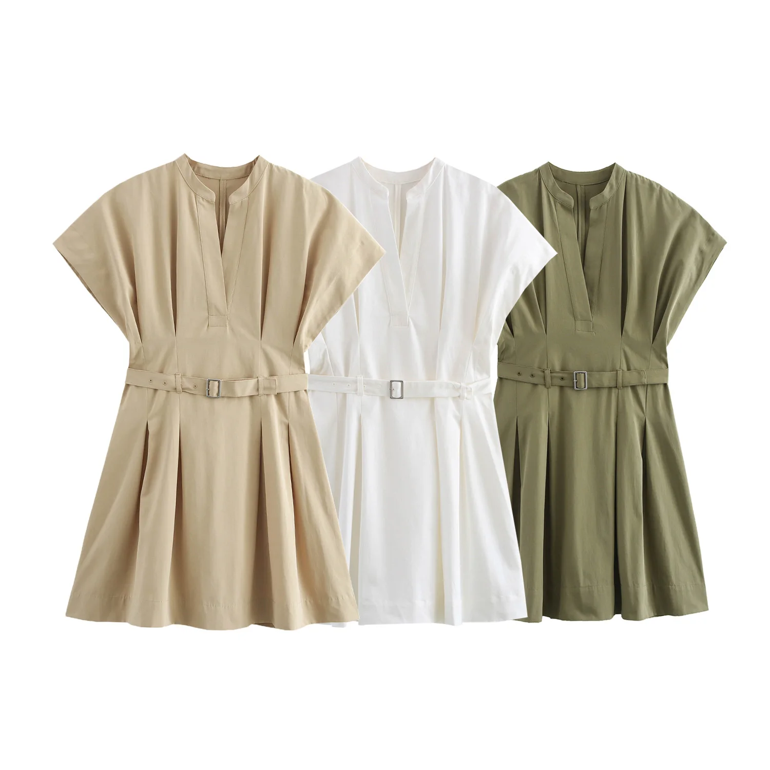 3 colorway solid color crew neck short sleeve sashes pleated casual fashion summer mini dress for ladies