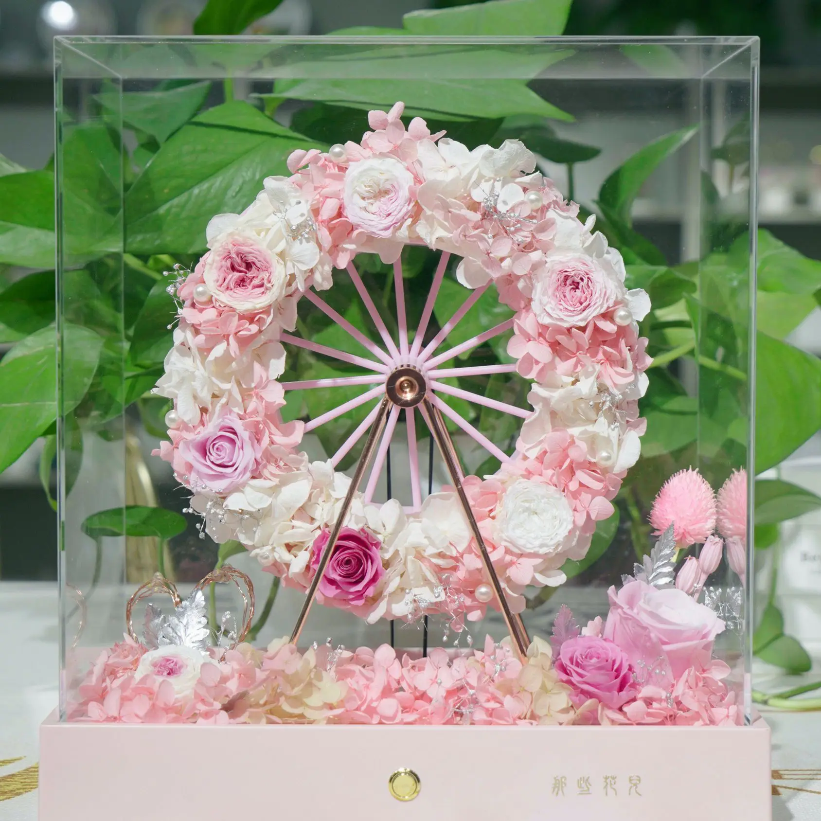 High quality Preserved flowers pink roses Ferris wheel for home ornament decorations