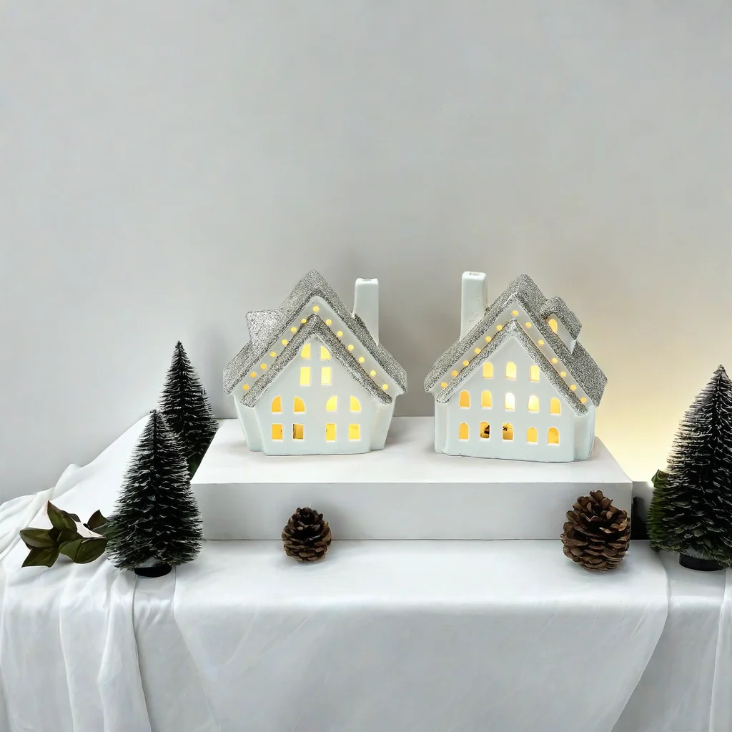 Christmas Custom Small White Ceramic House With LED Light Christmas Ceramic Village Cottage Home Decoration