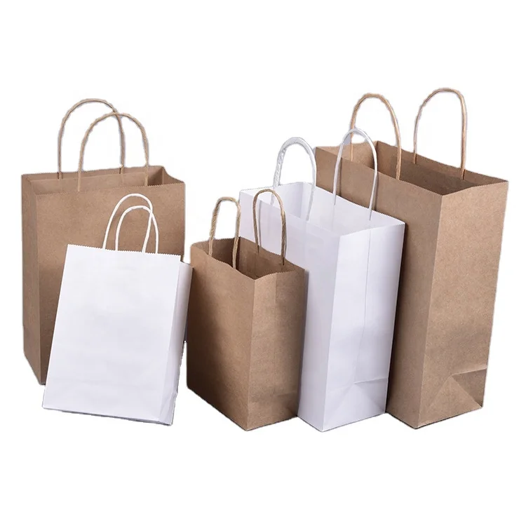 Custom printed wholesale food takeaway packaging shopping gift recycled brown kraft white handle paper bags with your own logo