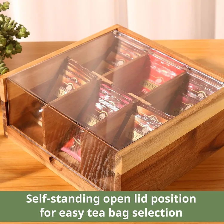 Custom Large 6 Compartments Tea Chest  Organizer Acacia Wood Tea Bags Storage Box With Acrylic Transparent Hinged Lid