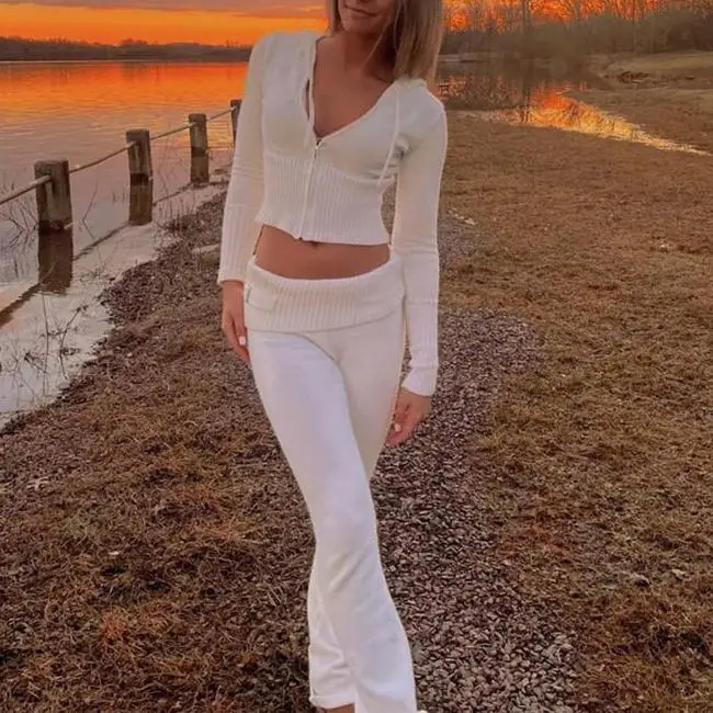 2024 Winter Women Sexy Clothes High Waist Turn-Down Collar Two-Piece Soft Set Solid Pattern Knitted Hooded Casual Suit