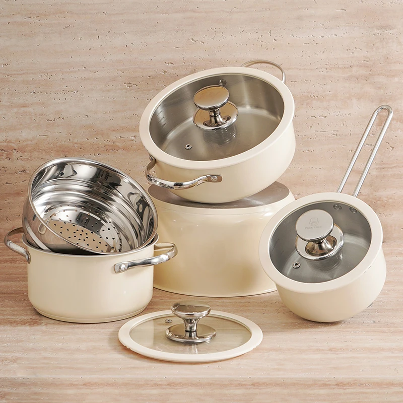 Fast deliver in stock food grade stainless steel 304 ceramic coating cooking soup pots milk pan casserole cookware set