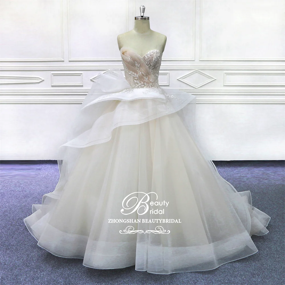 Crystal Beaded Ruffle Lace Ball Gown Sweetheart Neckline Lace Up Handwork Wedding Dress