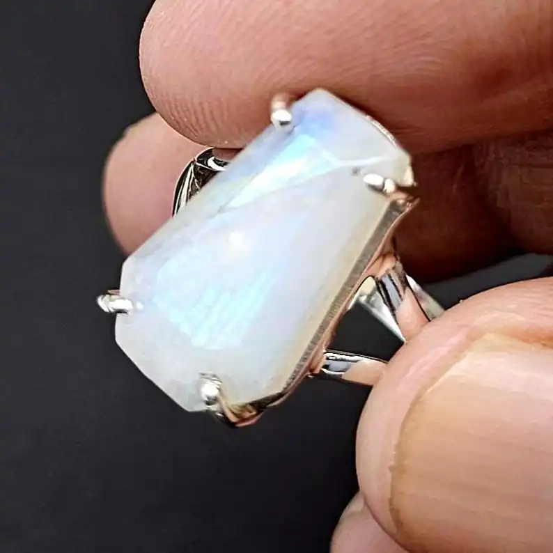 Rainbow Moonstone Coffin Prong Ring Handmade 925 Sterling Silver Designer Ring Beautiful Gemstone Gift for Her for Parties