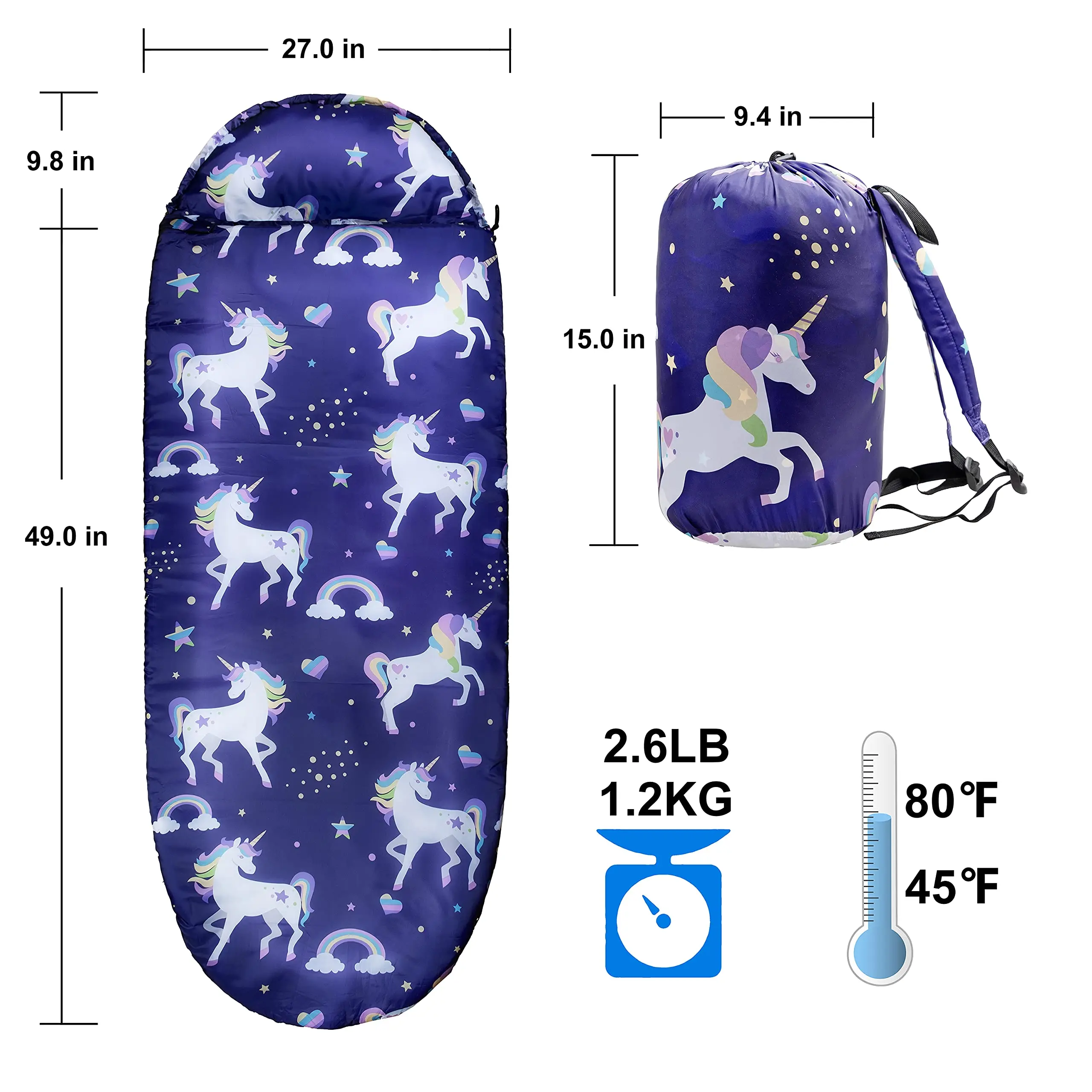 Outdoor And Indoor Unicorn Rainbow Star Waterproof Portable Camping Kids Sleeping Bags For Girls With Carry Bag